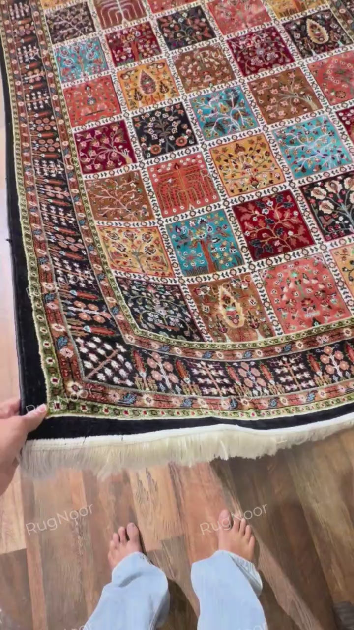 Ivory fringe and black edge along the multicolour patchwork rug - Kashida RugNoor