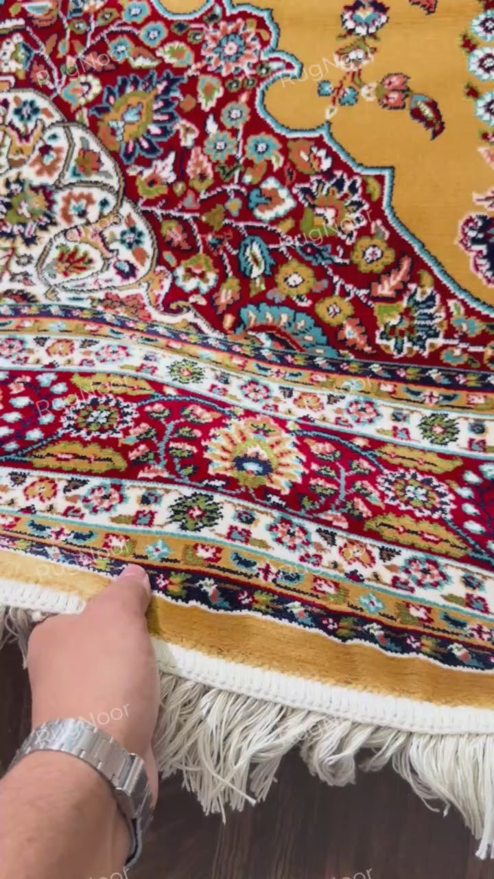 Close-up of the burgundy floral border, mustard gold edge and ivory fringe - Shams RugNoor