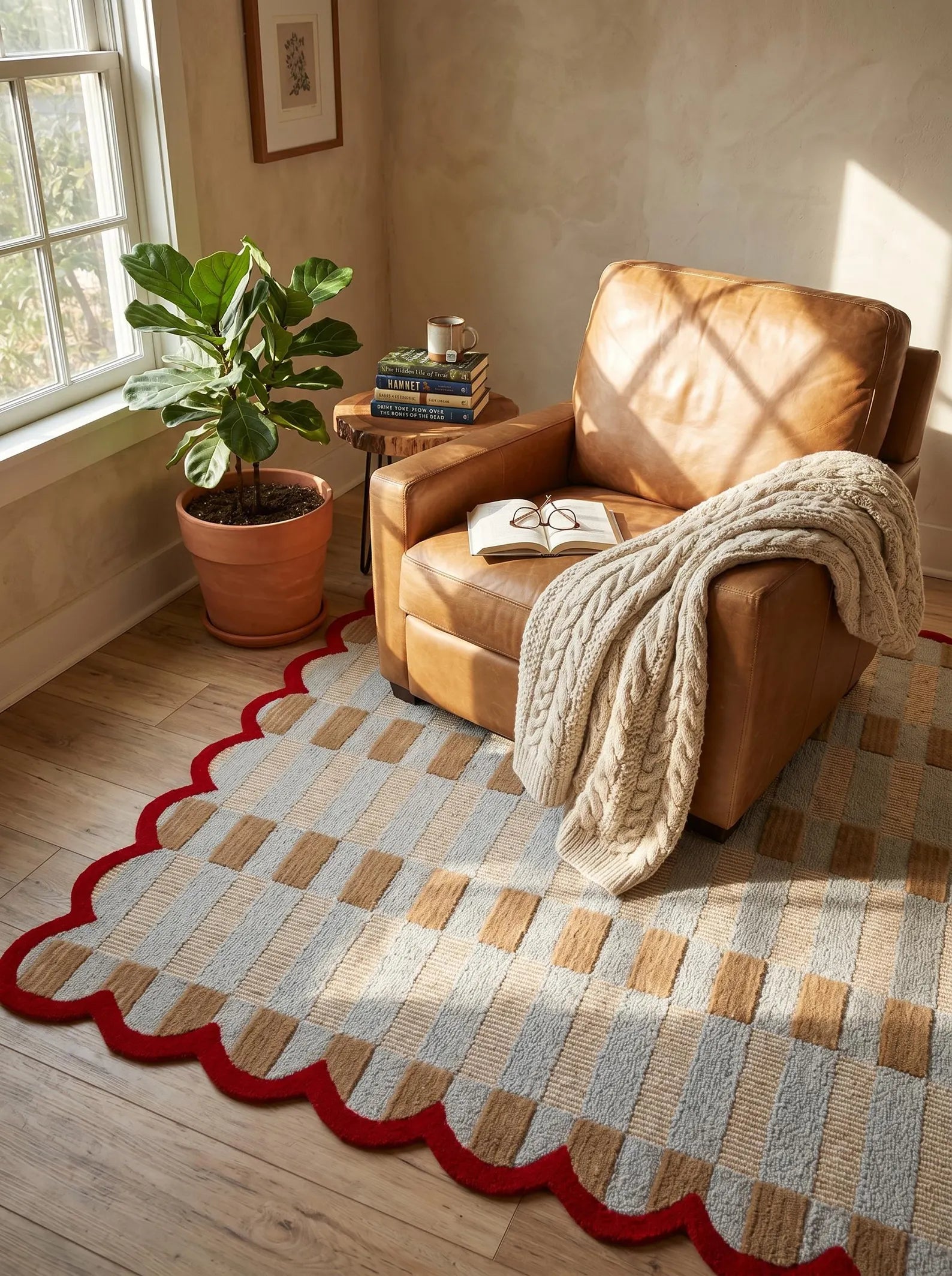 A styled living room corner featuring a large woven area rug with a scalloped red border, a tan leather armchair draped with a cream cable throw, a potted plant, and warm sunlight streaming in.