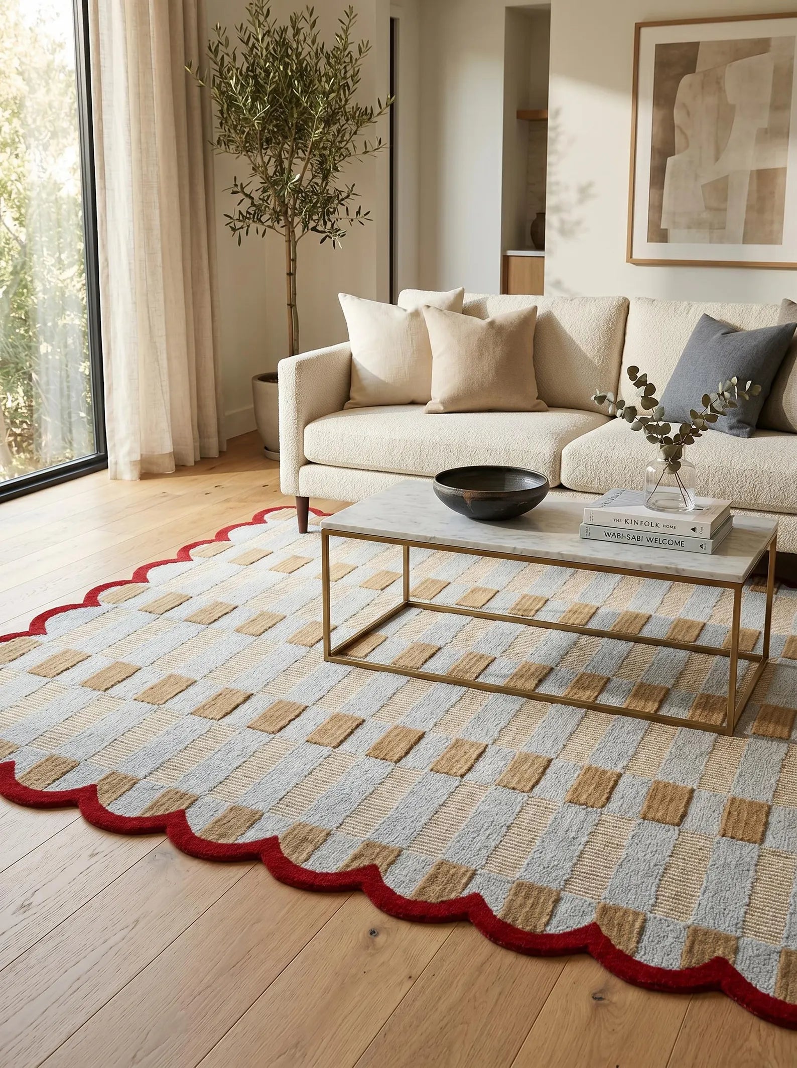 A large woven area rug with a scalloped red edge, featuring a checkered pattern of beige, tan, and light gray squares, styled in a bright, modern living room with a sofa and coffee table.