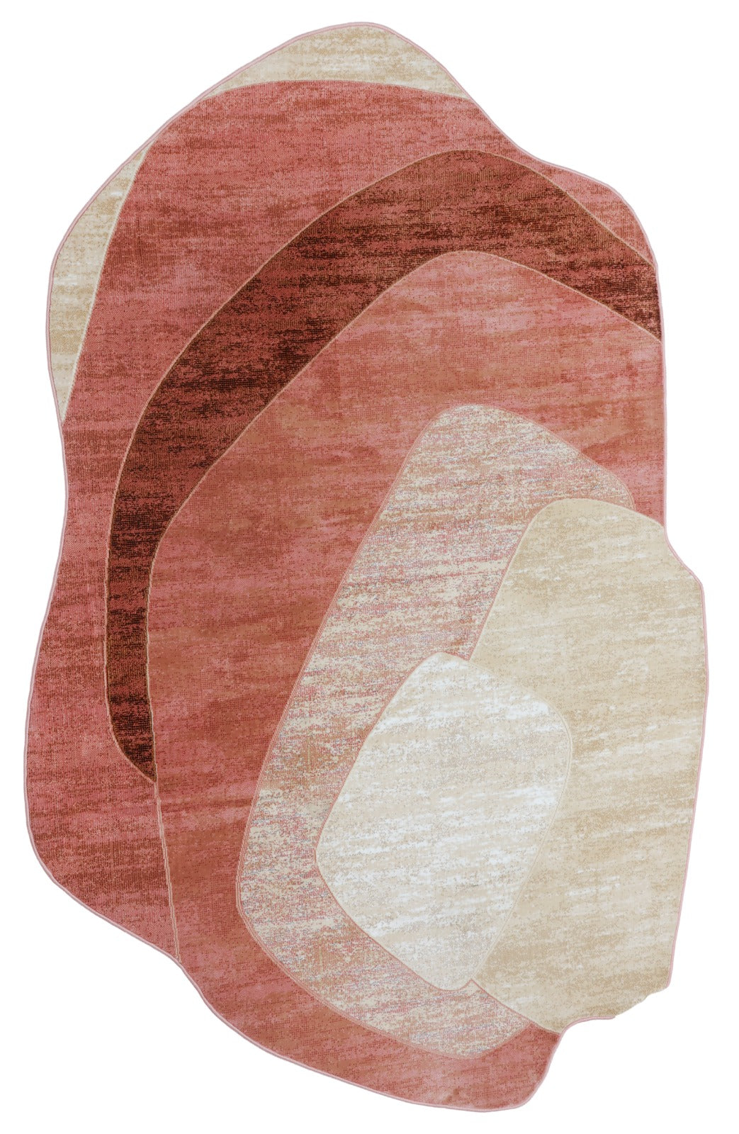 An abstract layered area rug with organic, flowing shapes in dusty rose, terracotta, dark brown, cream, and light beige, shown on a solid white background.