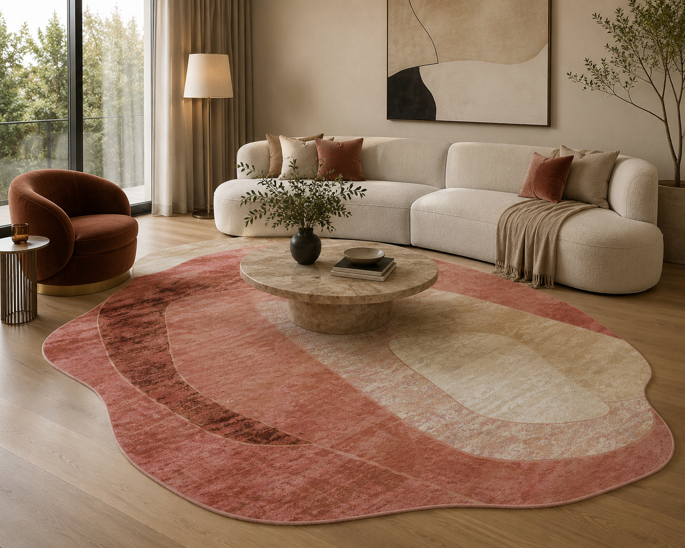 An abstract, organic-shaped area rug in dusty pink, beige, and cream tones, styled in a modern living room with a curved white sofa, a round stone coffee table, and a rust-colored accent chair.