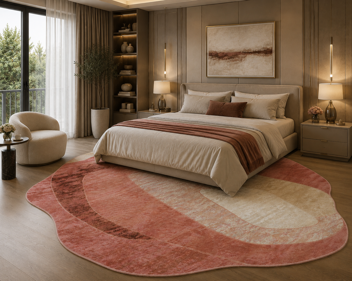 A large abstract-shaped area rug in dusty pink, cream, and brown tones, styled in a modern, warm-toned bedroom with a bed, nightstands, and a window.