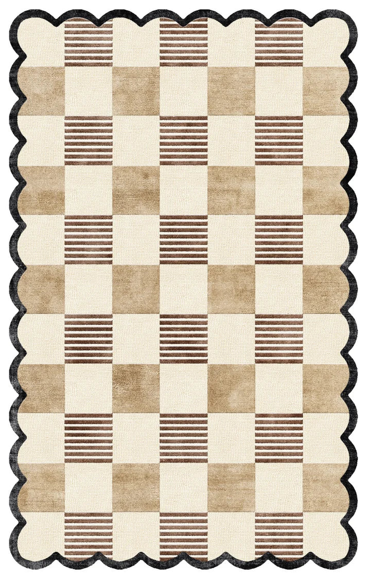 Full view of Rook Checkmate Scalloped Edge Rug showing ivory, beige, and brown checkerboard pattern with striped accents