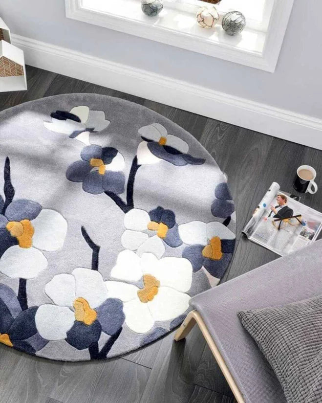 Grey & White Round Hand Tufted Carpet