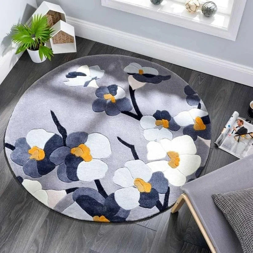 Grey & White Round Hand Tufted Carpet