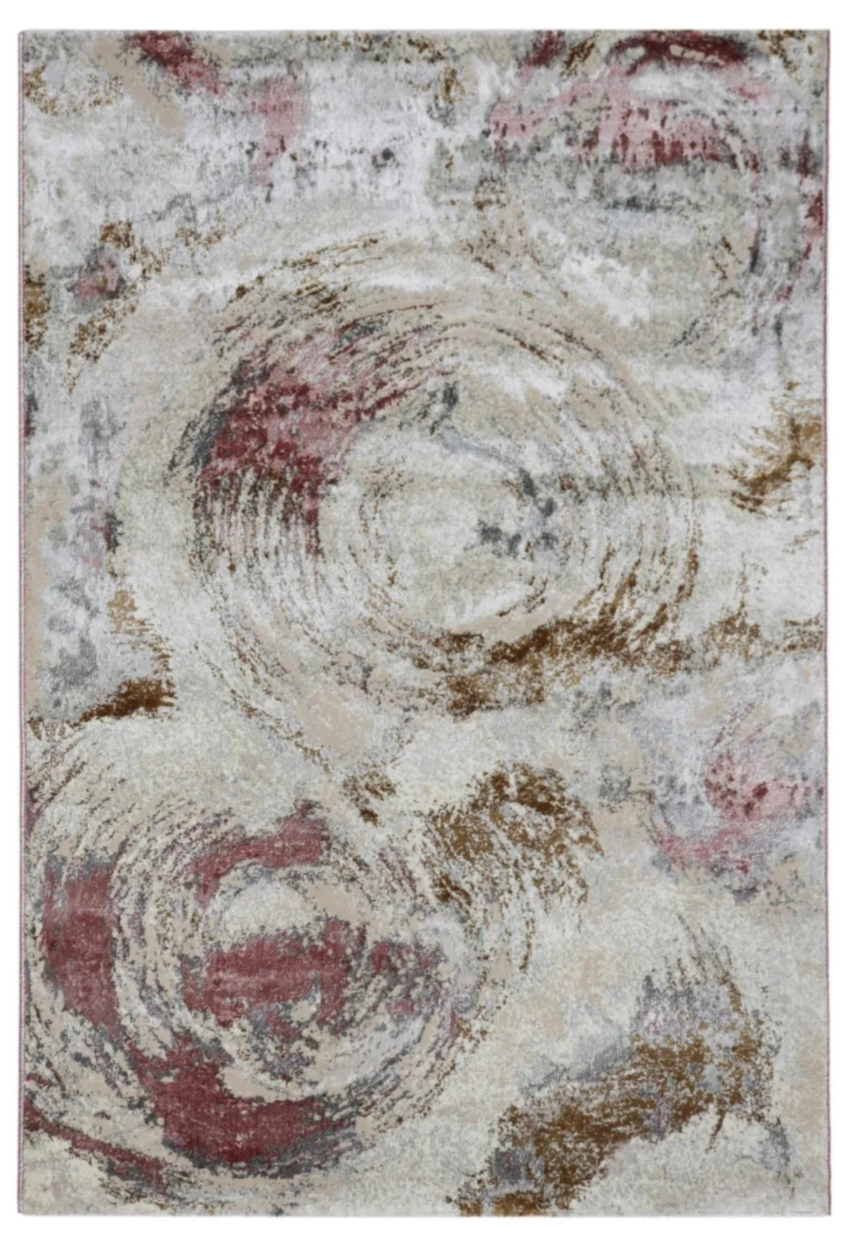 Rovelle modern abstract rug featuring swirling brushstroke patterns in ivory, beige, dusty rose, burgundy and muted brown.
