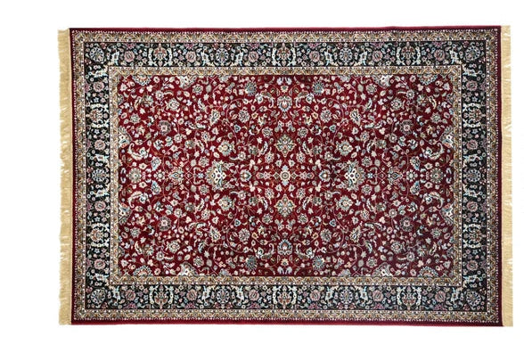 Roxana Royal Floral Rug with burgundy field, intricate floral motifs, black ornamental border and fringe