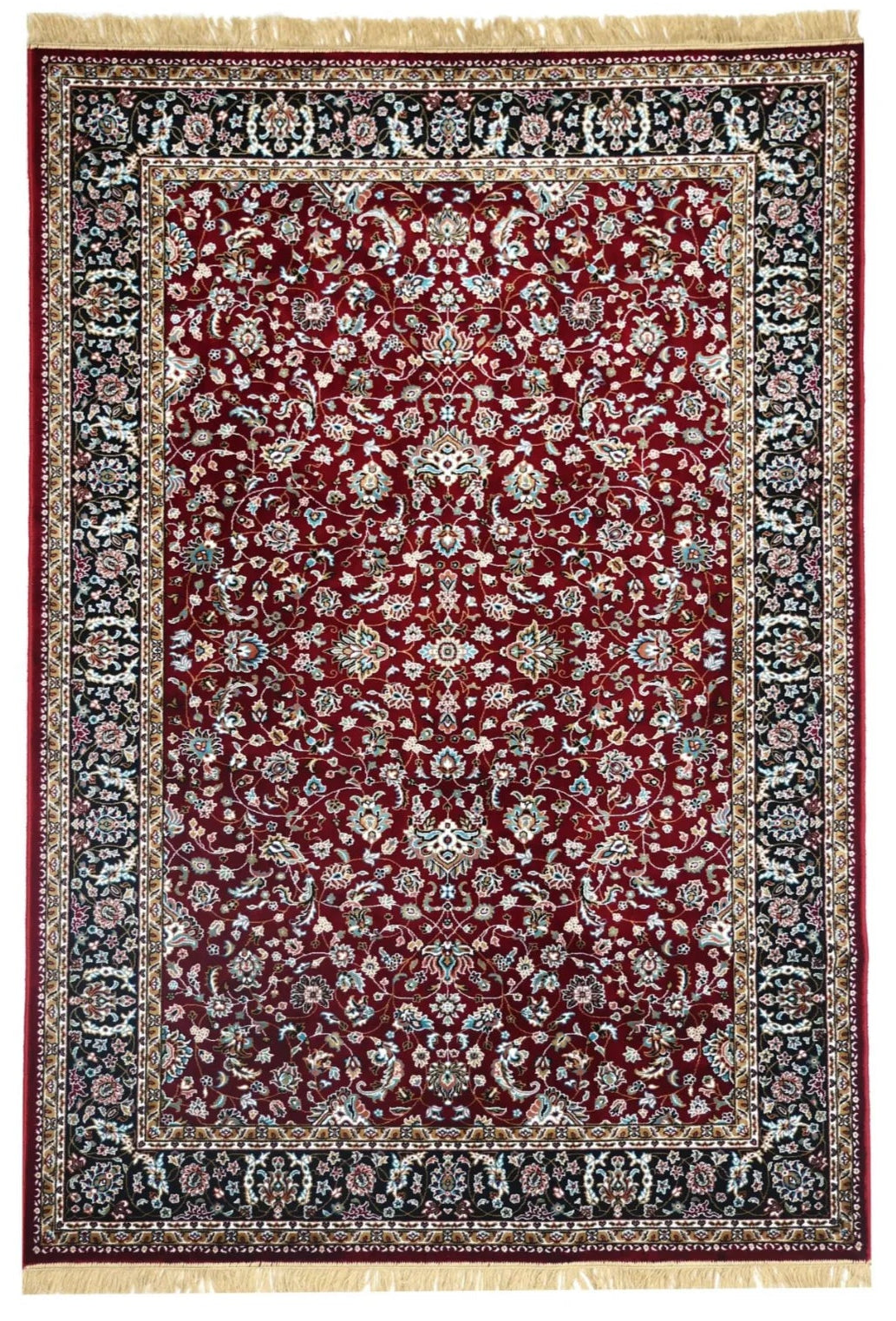 Roxana Royal Floral Rug with burgundy field, intricate floral motifs, black ornamental border and fringe