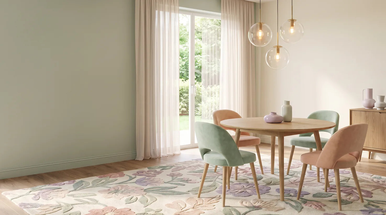 Elegant dining room with a floral pastel rug, wooden dining table, sage green chairs, and natural daylight