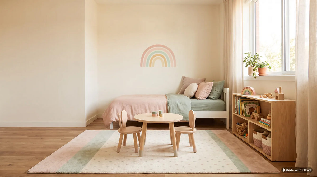 Cozy kids room with a pastel rug, soft pink and green bedding, wooden furniture, and playful decor