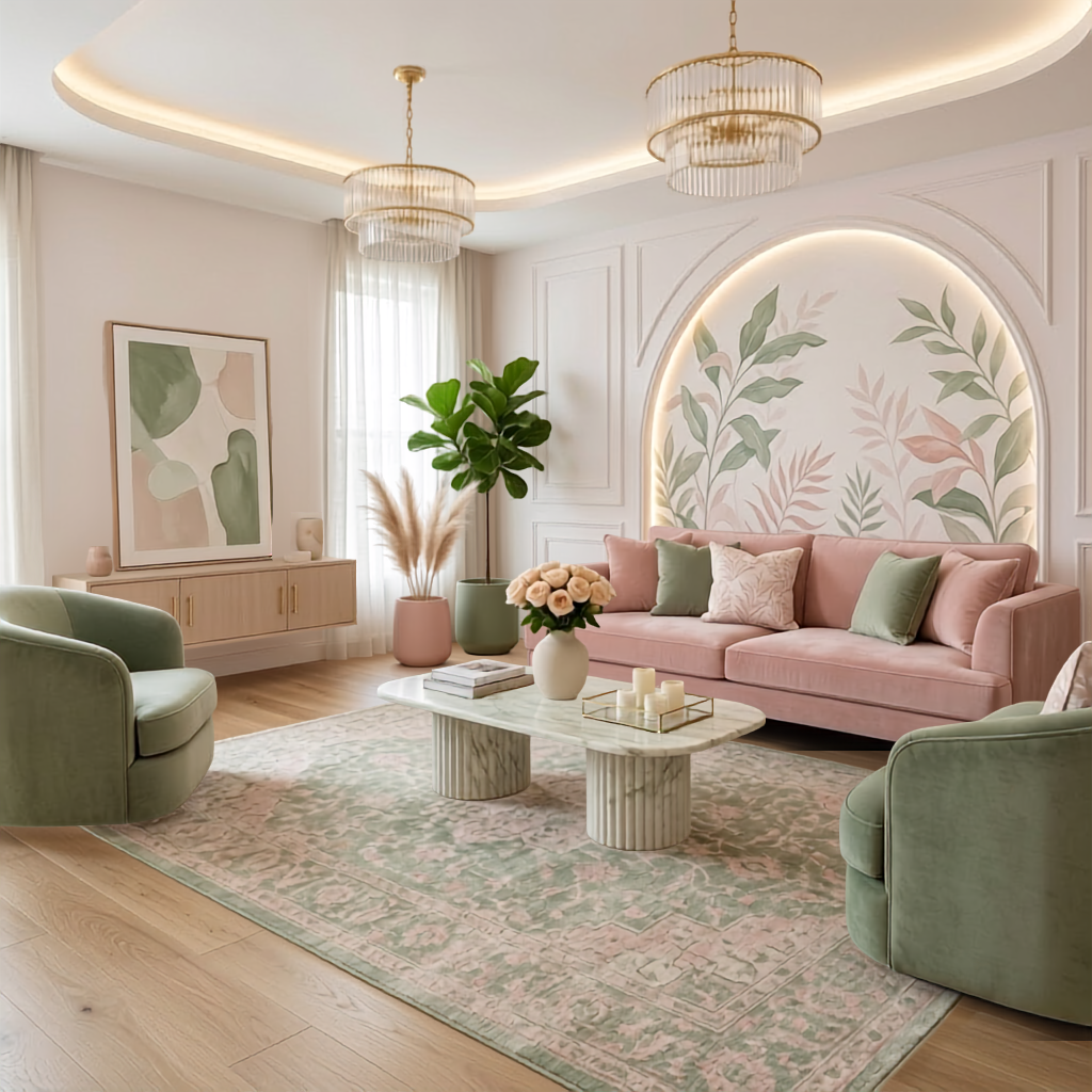 Modern living room with a soft floral rug, blush pink sofa, sage green seating, and elegant natural decor