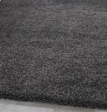 A close-up of a dark charcoal gray shag rug, showing its thick, high-pile texture and short, dense fibers, with a small section of a light gray floor visible at the bottom edge.