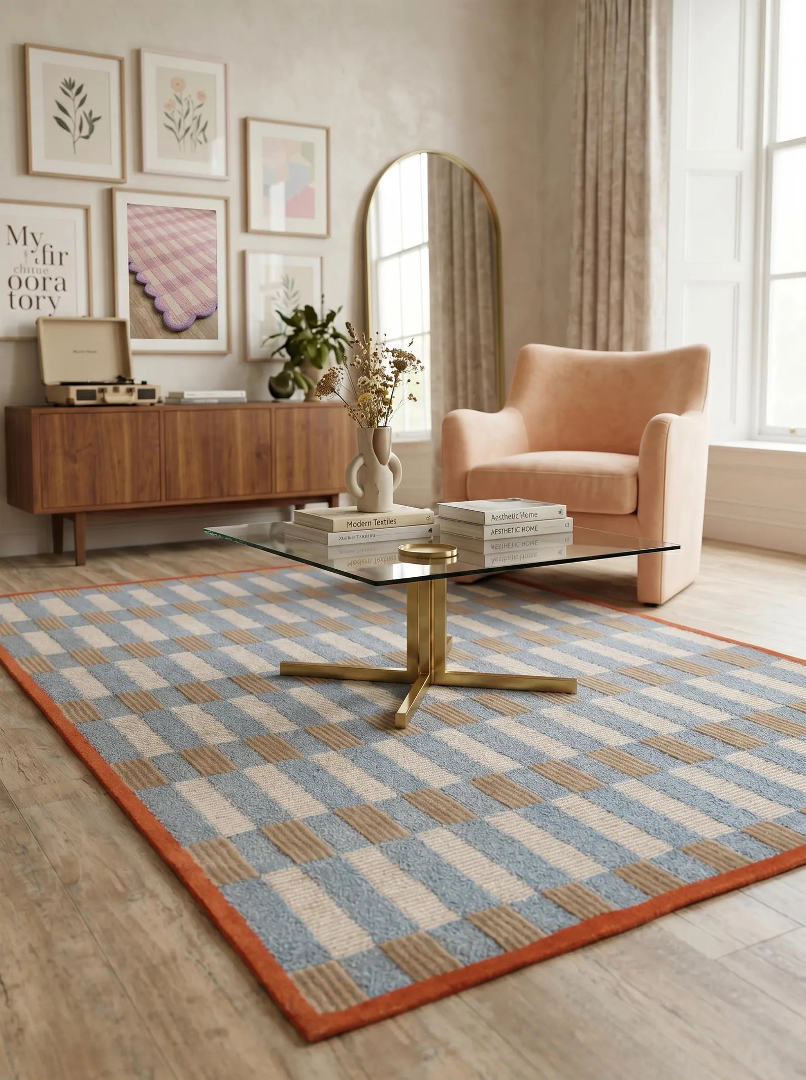 A styled living room scene featuring a large area rug with a blue, beige, and orange checkered pattern, styled with a glass-top coffee table and a blush pink armchair.