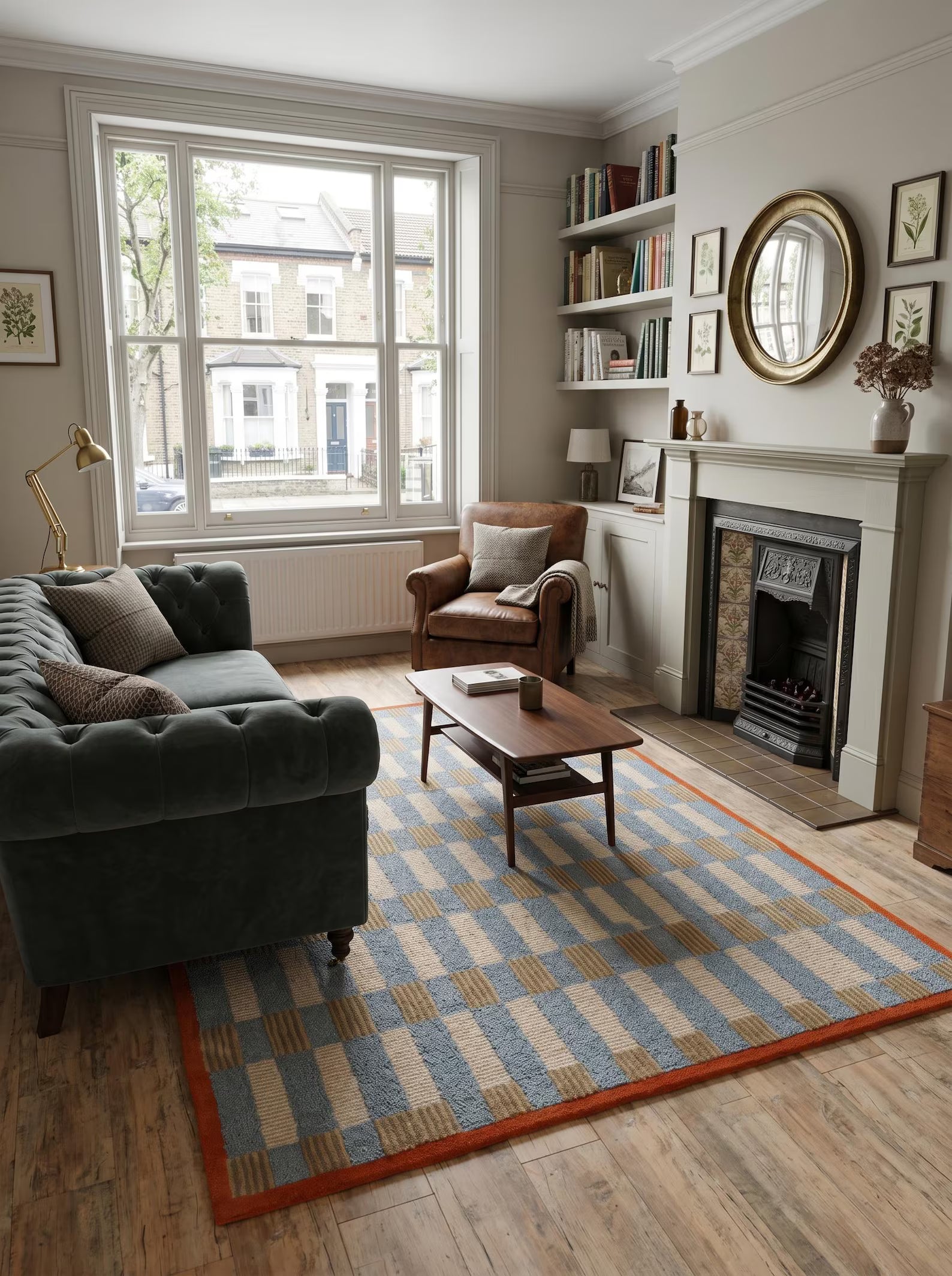 A styled living room featuring a large area rug with a blue, beige, and orange striped pattern, styled with a dark green sofa, a brown leather armchair, and a wooden coffee table.
