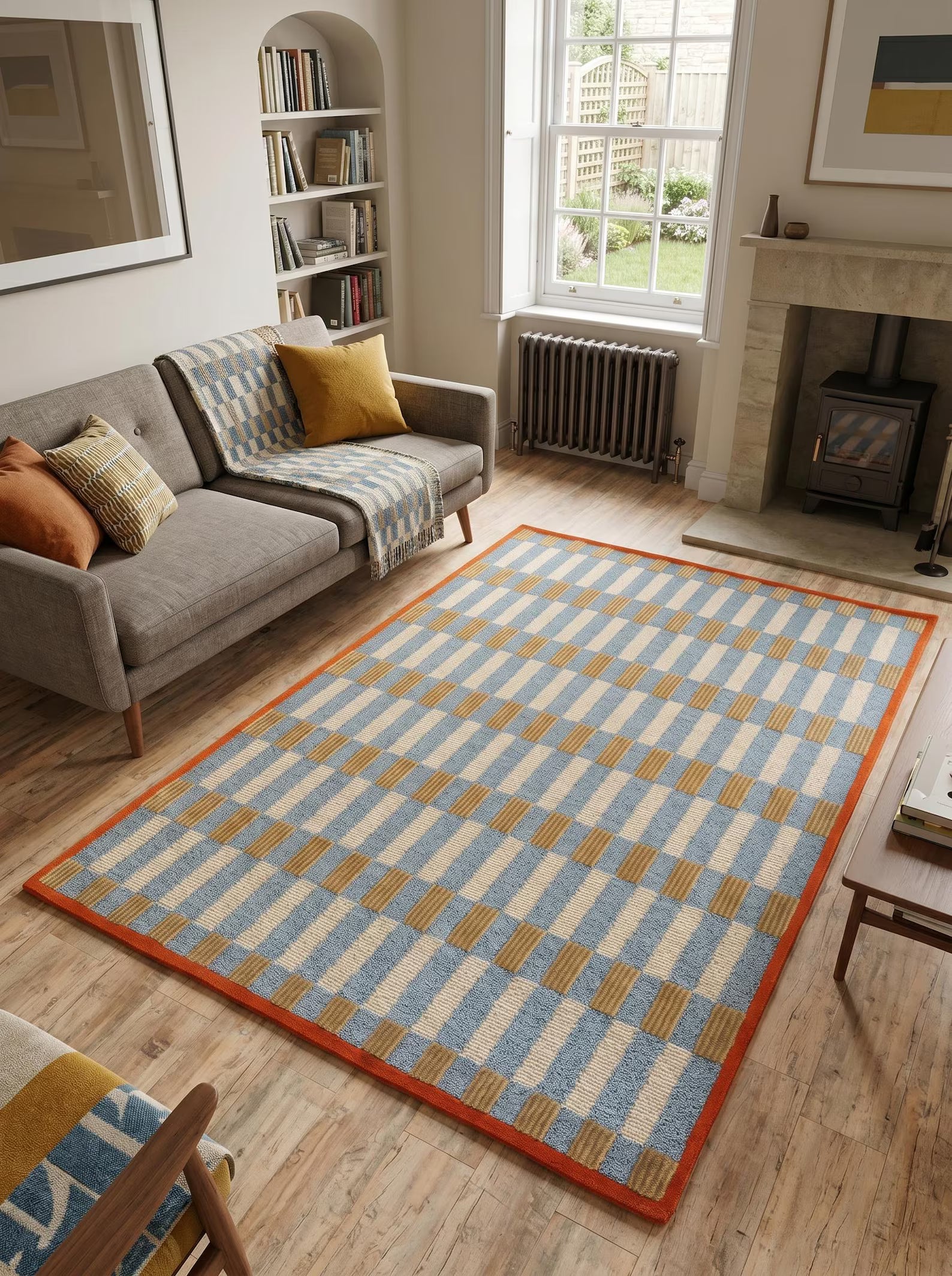 A rectangular area rug with a blue, cream, and mustard yellow striped grid pattern and a bright orange border, shown in a cozy living room setting.