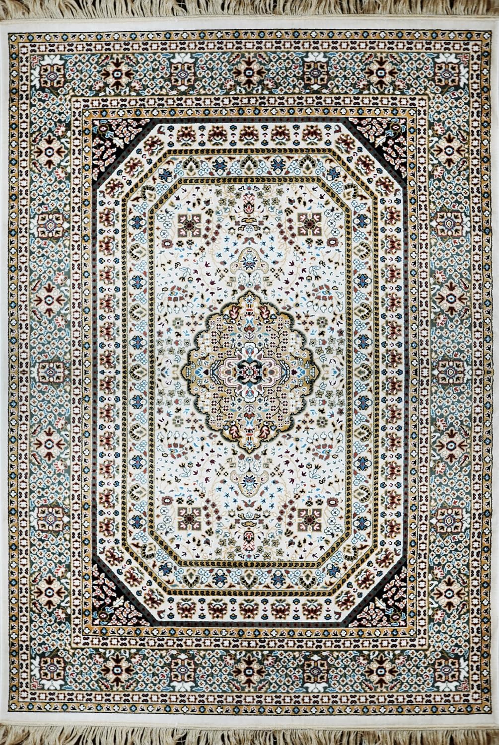 Safir Royal Medallion Rug with ivory base, detailed central medallion and ornate multicolor border