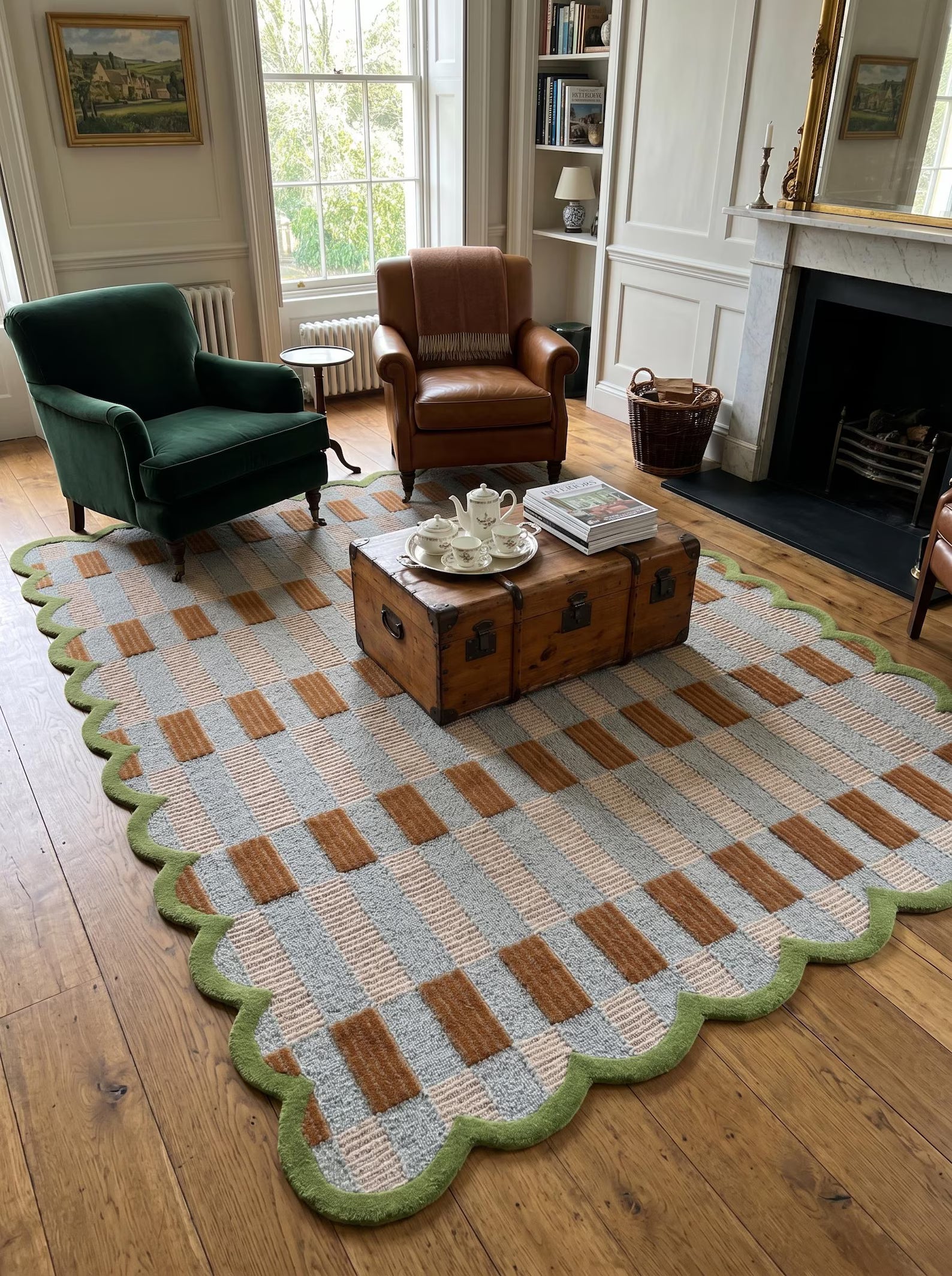 A large woven area rug with a scalloped green border and a basketweave pattern in beige, brown, and light blue, styled in a classic living room with a wooden coffee trunk, green armchair, and brown leather armchair.