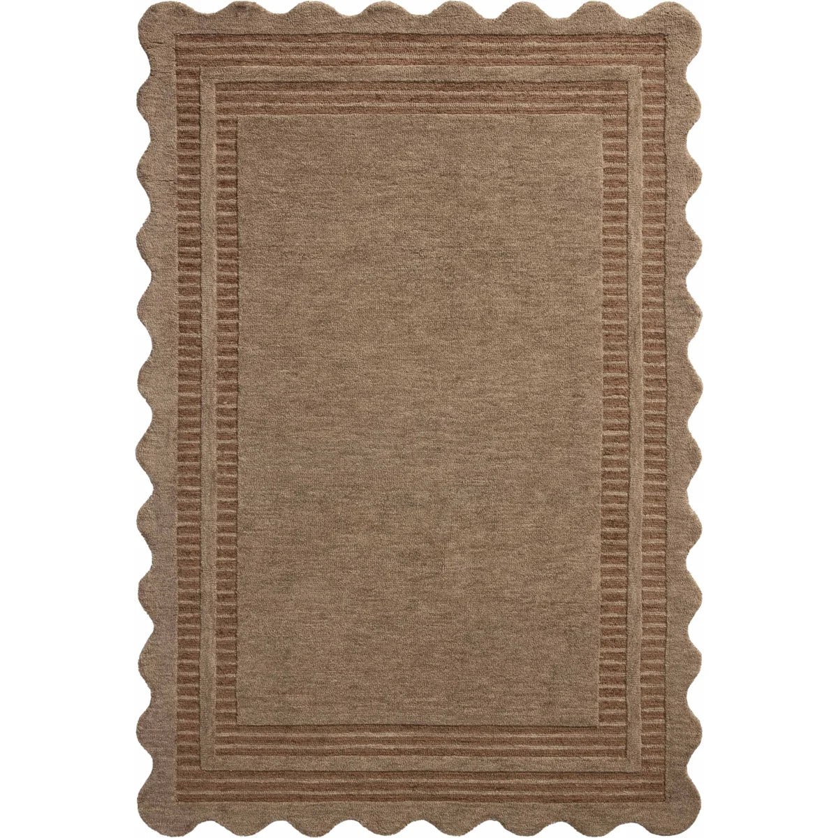 A rectangular area rug with a scalloped border and a raised inner stripe border, shown flat against a white background.
