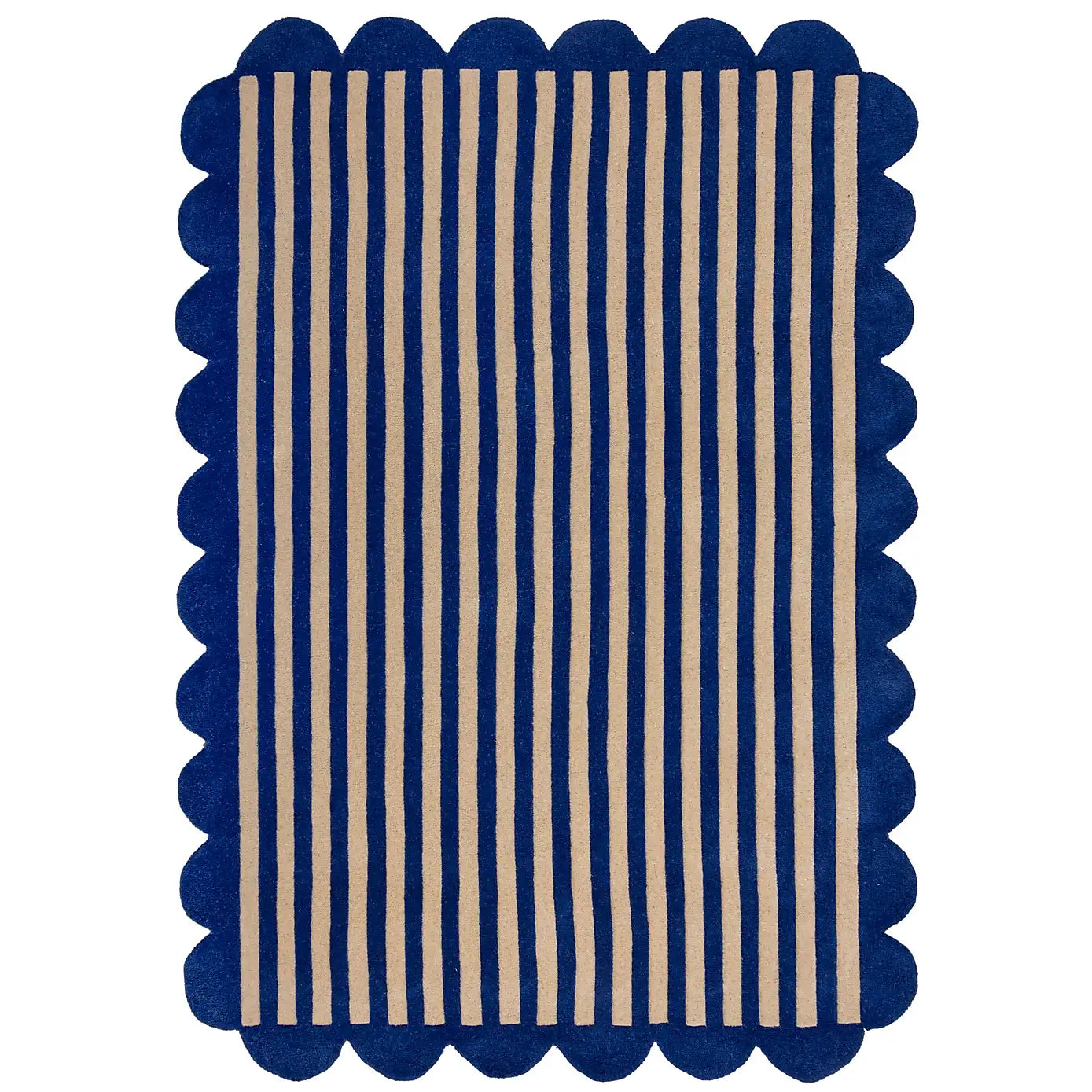 A rectangular area rug with a scalloped navy blue border and vertical beige stripes, shown flat against a white background.