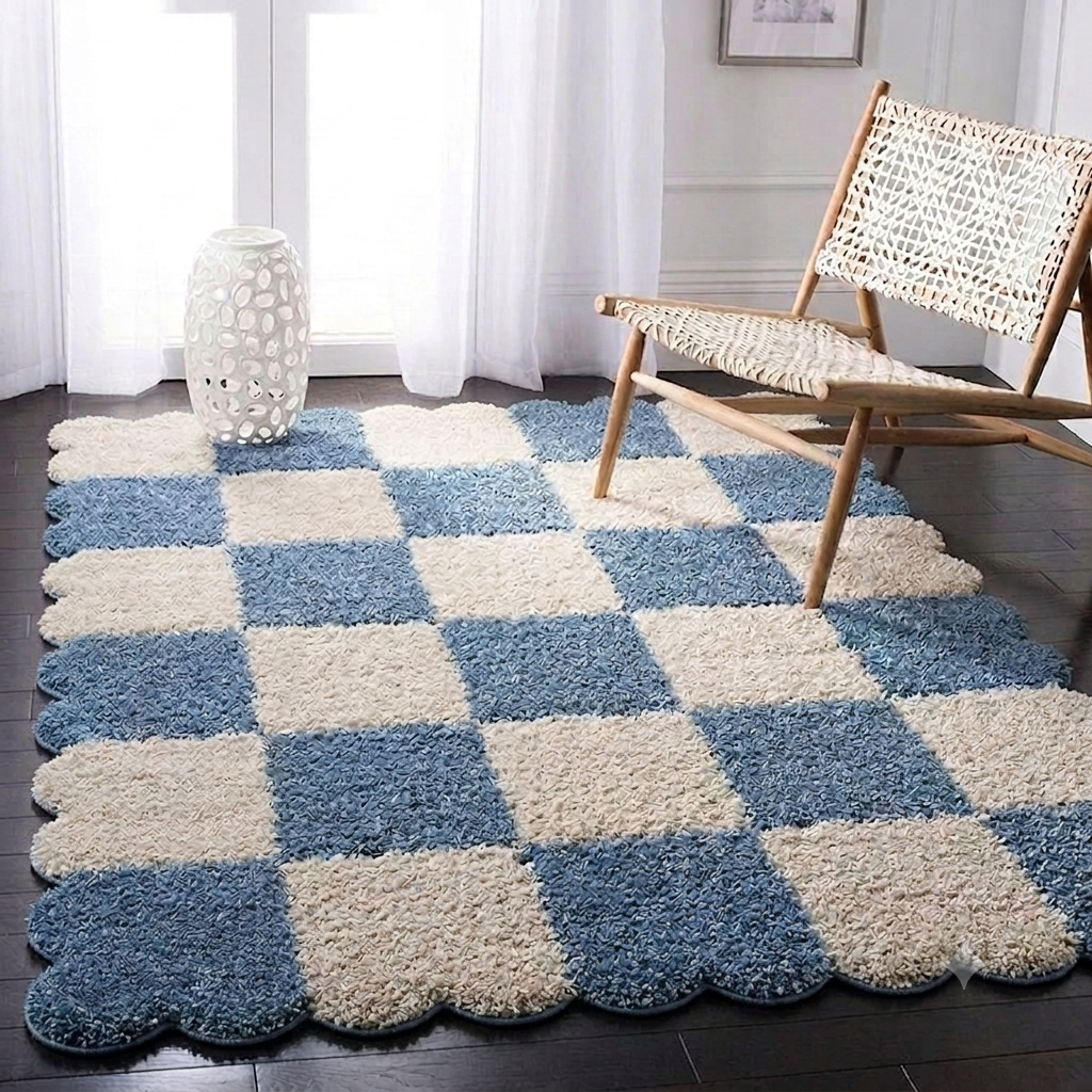 A large rectangular shag rug with a blue and cream checkerboard pattern and scalloped edges, styled in a bright room with a wooden woven chair and a white ceramic vase.