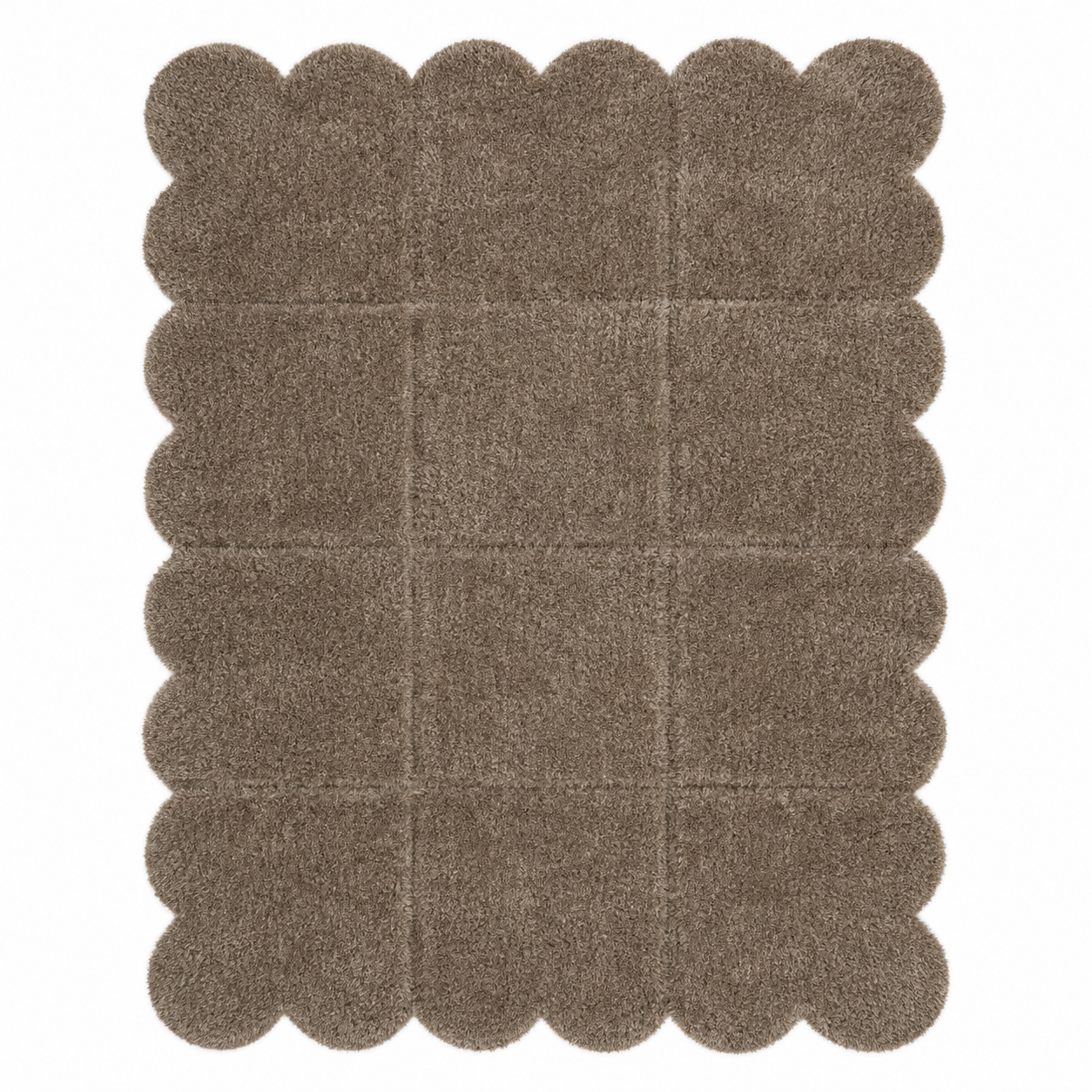 A rectangular brown bath mat with a scalloped edge and a grid pattern of nine padded square sections, shown flat against a white background.