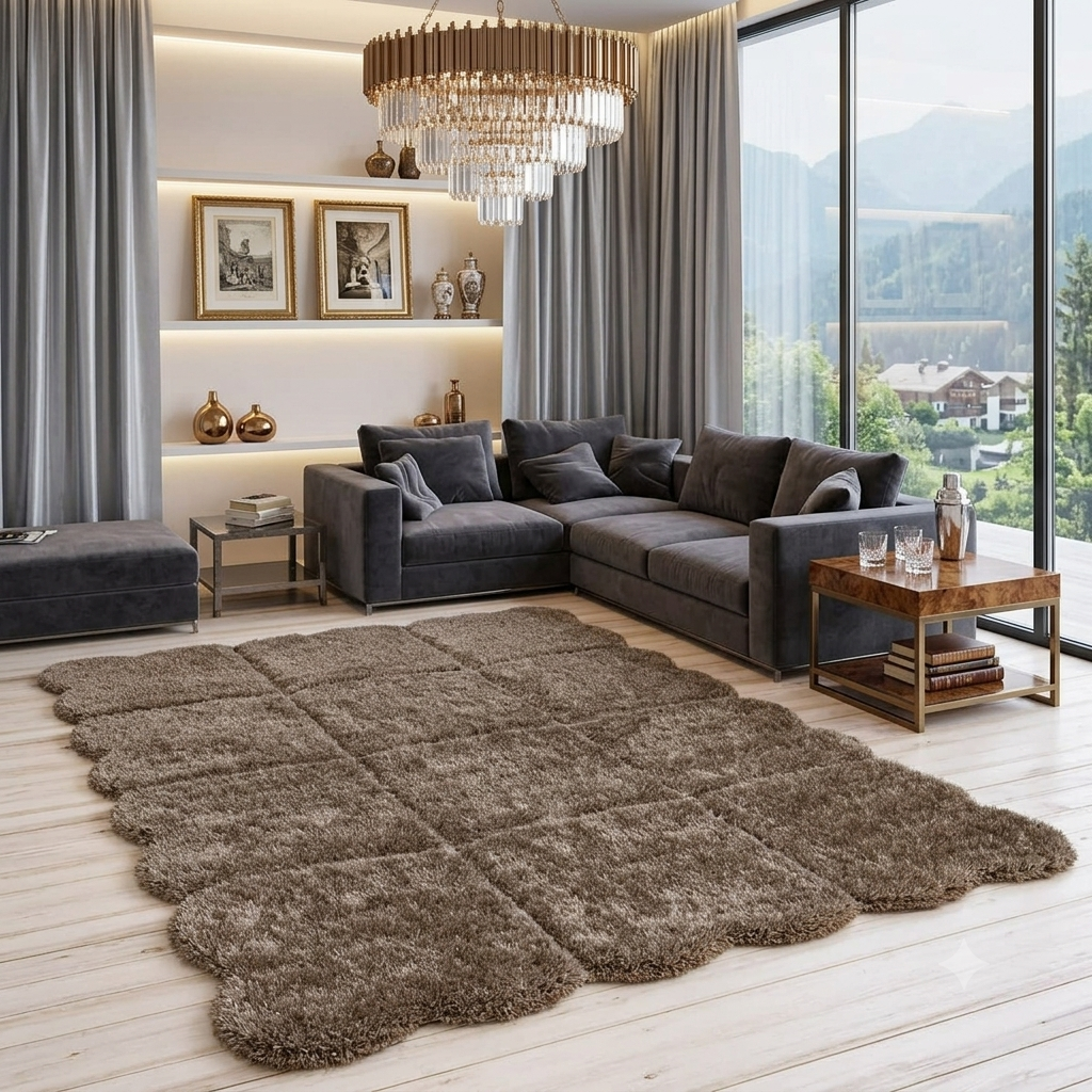 A large, plush, multi-panel shag rug in a warm taupe-brown color is styled in a modern living room with a dark gray sectional sofa, wooden floors, and large windows overlooking a mountain view.