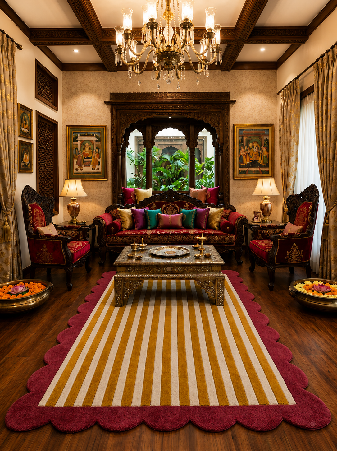 A luxurious Indian-style living room featuring a large striped area rug with a scalloped burgundy border, a carved wooden coffee table, ornate red armchairs, and a grand chandelier.