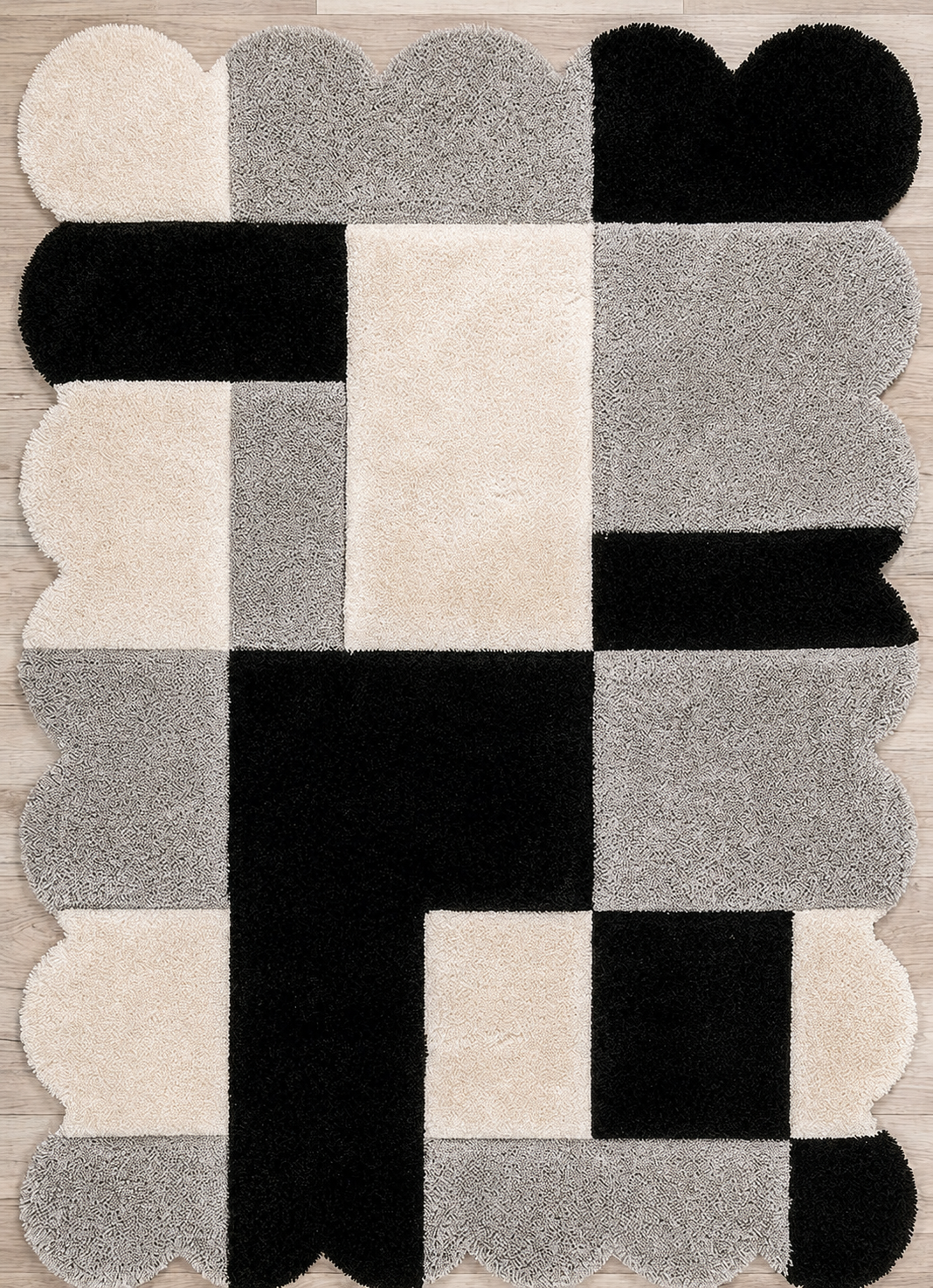 Monochrome Boxes Scalloped Shaggy Rug