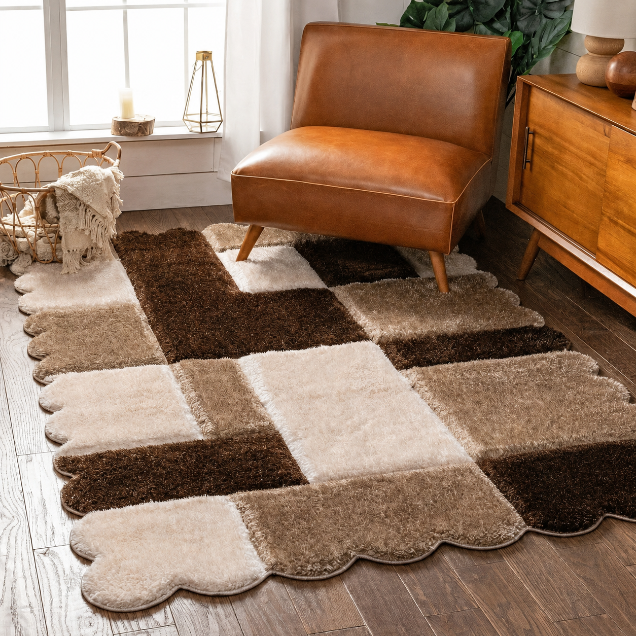 A plush shag area rug with a patchwork design in cream, beige, and dark brown, styled in a cozy living room next to a brown leather armchair and a wooden cabinet.
