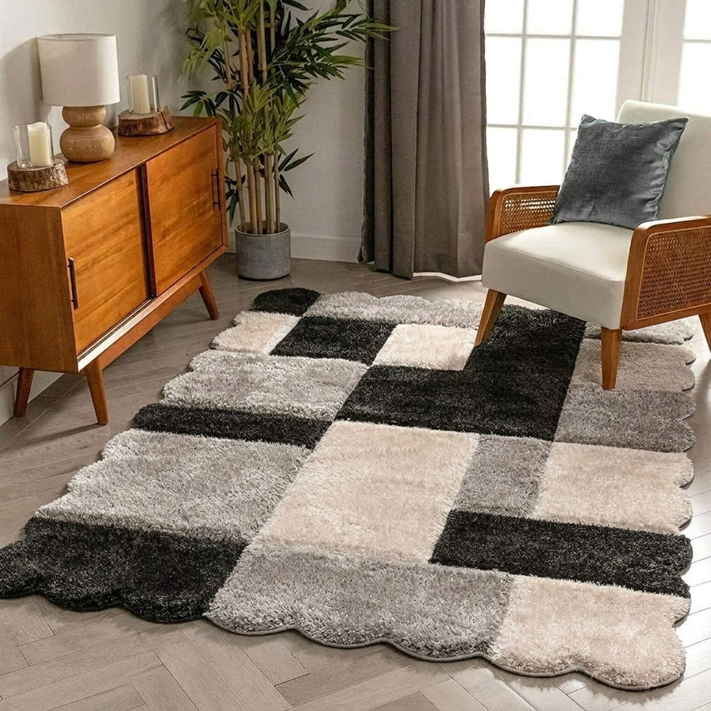Checkered area rug in a living room with wooden sideboard and chair.