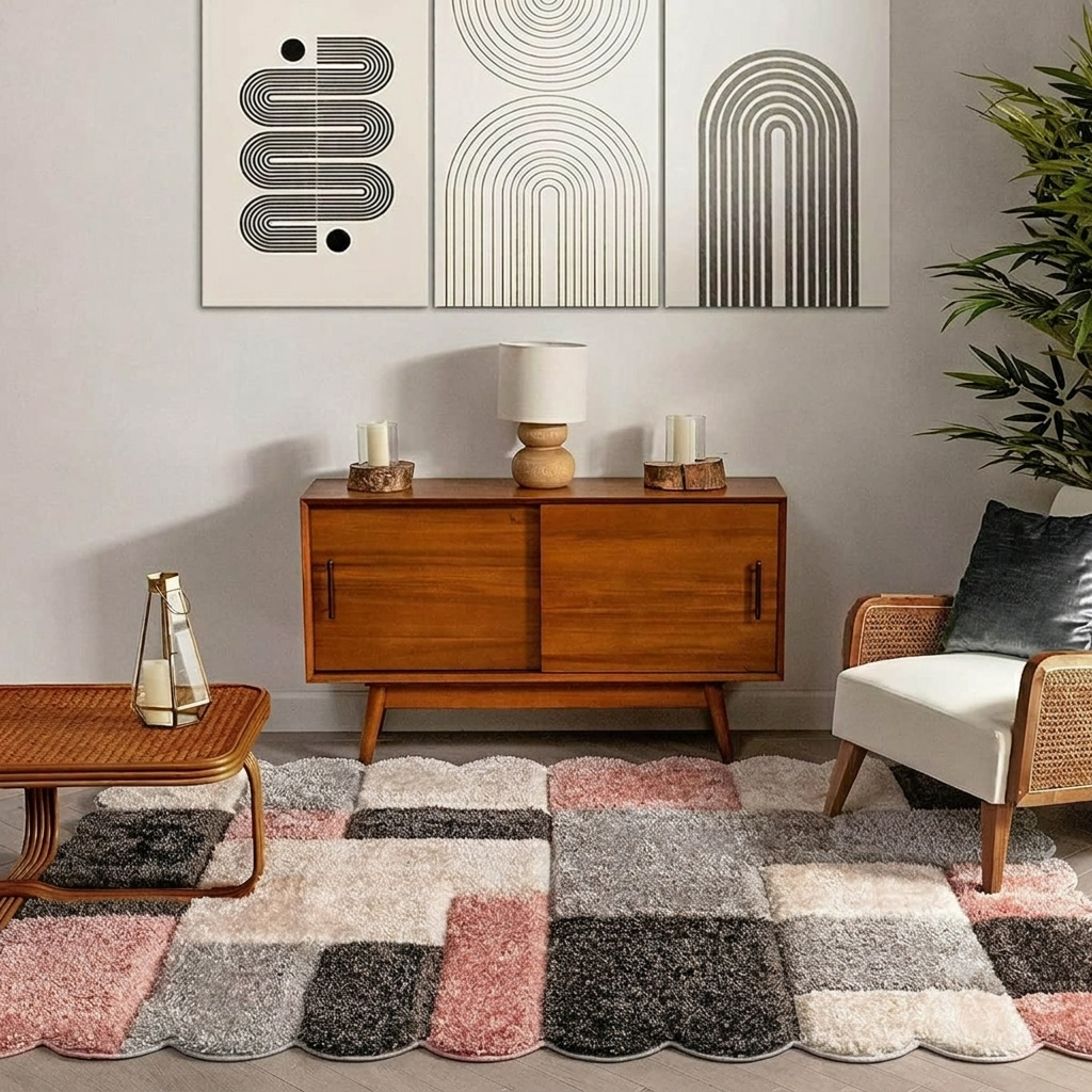 A modern mid-century wooden credenza styled in a living room setting with a colorful patchwork shag rug, a rattan coffee table, a woven armchair, and abstract wall art.