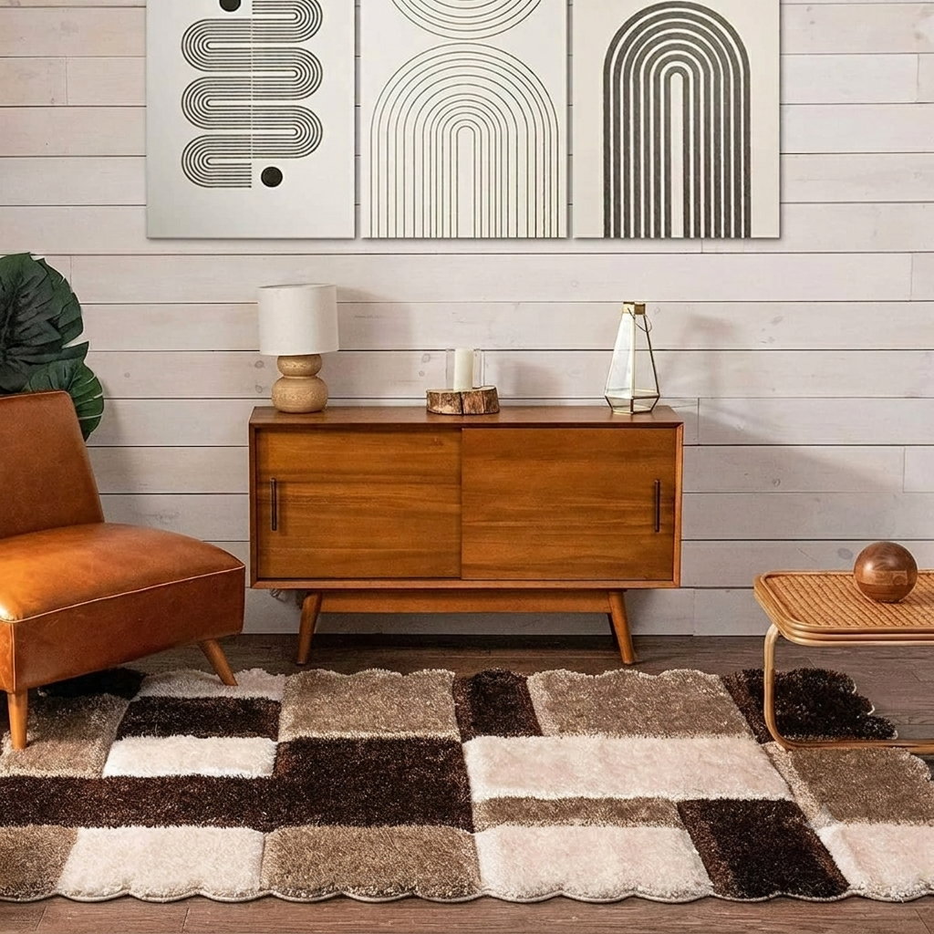 A mid-century modern living room scene featuring a large patchwork shag rug in brown, beige, and cream tones. The rug is styled in a room with a mid-century wooden credenza, a brown leather armchair, a small woven coffee table, and a three-panel abstract wall art set.