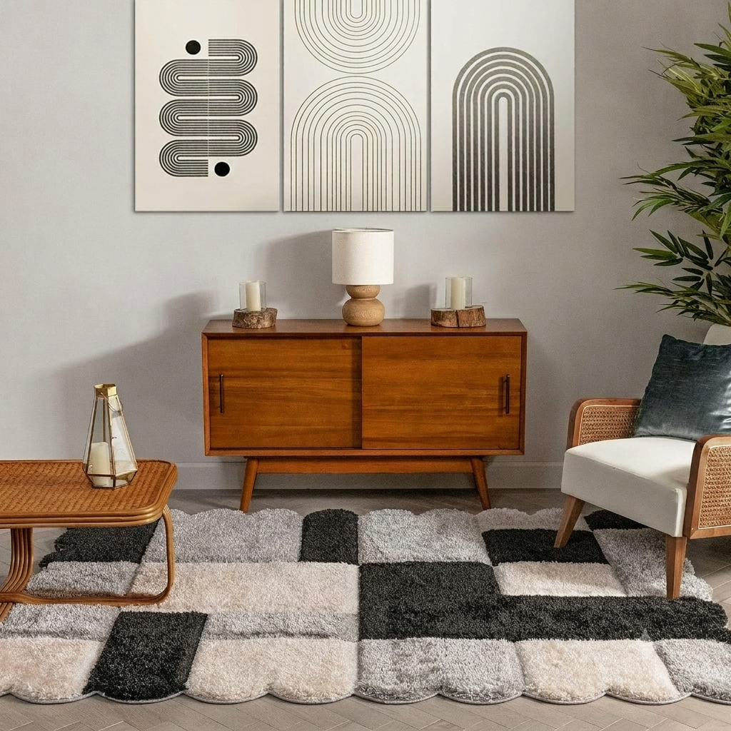 Living room with wooden sideboard, wicker chair, and geometric rug.