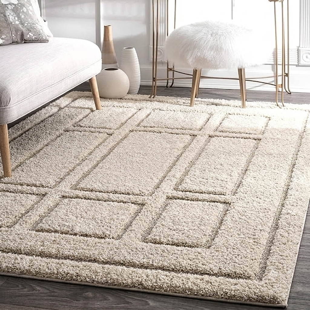 A cream-colored shag area rug with a raised geometric grid pattern, styled in a bright, modern living room next to a light gray sofa and a white faux-fur stool.