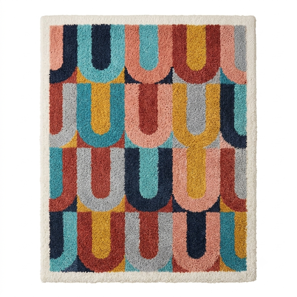 A rectangular shag rug with a cream border and a retro geometric pattern of overlapping arches in teal, coral, mustard yellow, navy, and light gray.