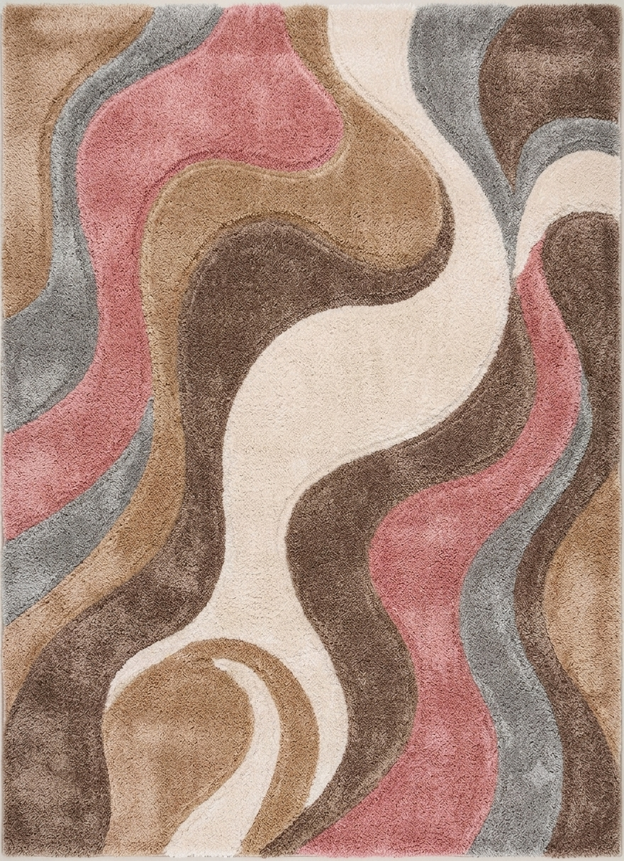 A square area rug with a modern abstract wavy pattern in shades of brown, dusty pink, slate blue-gray, and cream.