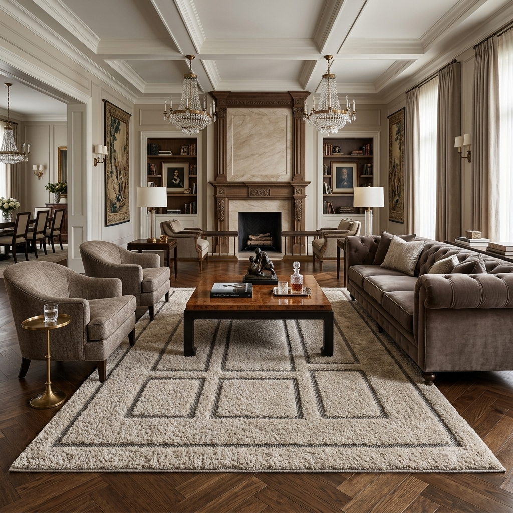 A luxury living room featuring a large beige geometric pattern area rug, a dark wood coffee table, a brown tufted sofa, and matching armchairs in a classic, elegant interior.
