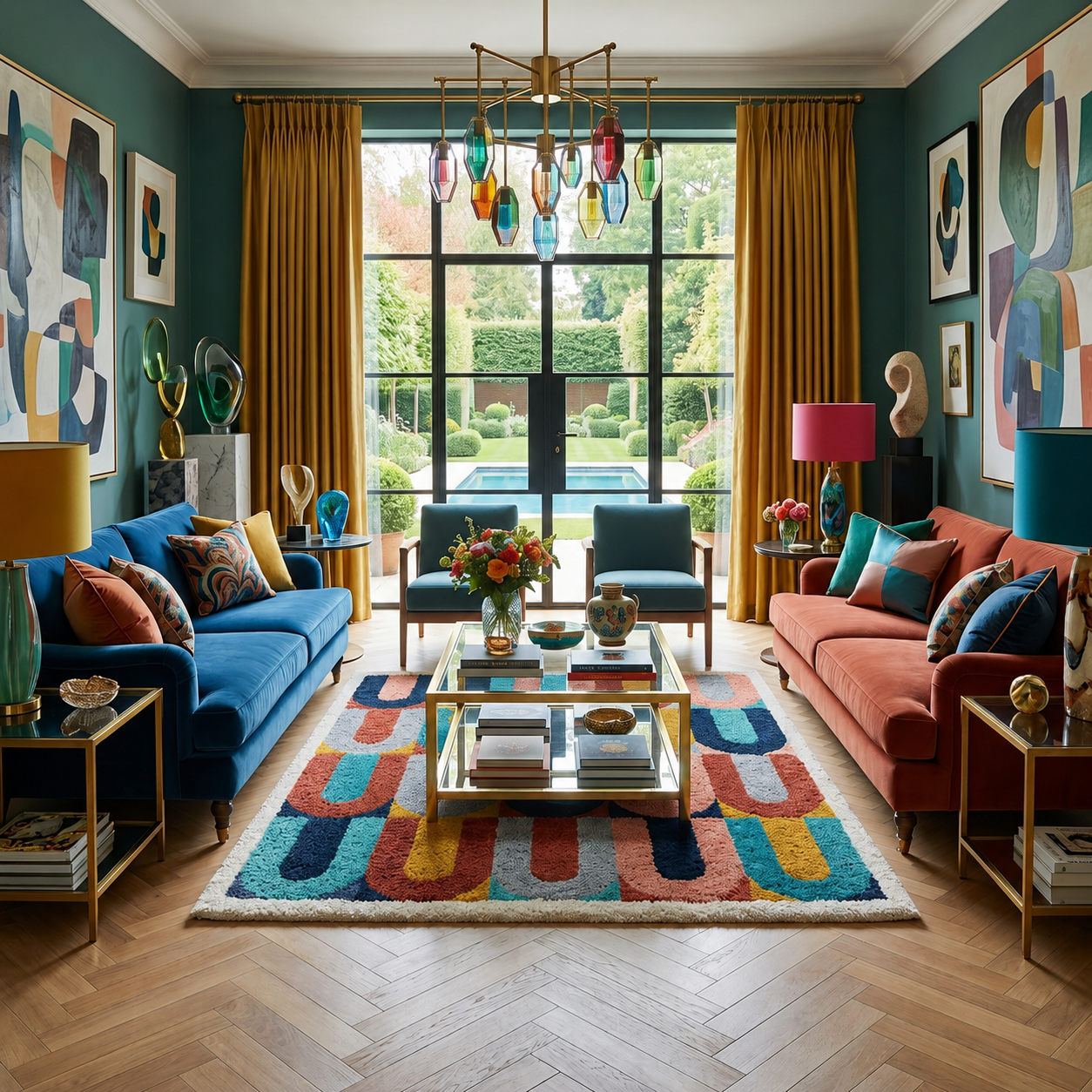 A luxury staged living room featuring a vibrant multicolor geometric area rug, a blue sofa, a terracotta-colored sofa, mustard yellow curtains, and a large window overlooking a manicured garden and pool.