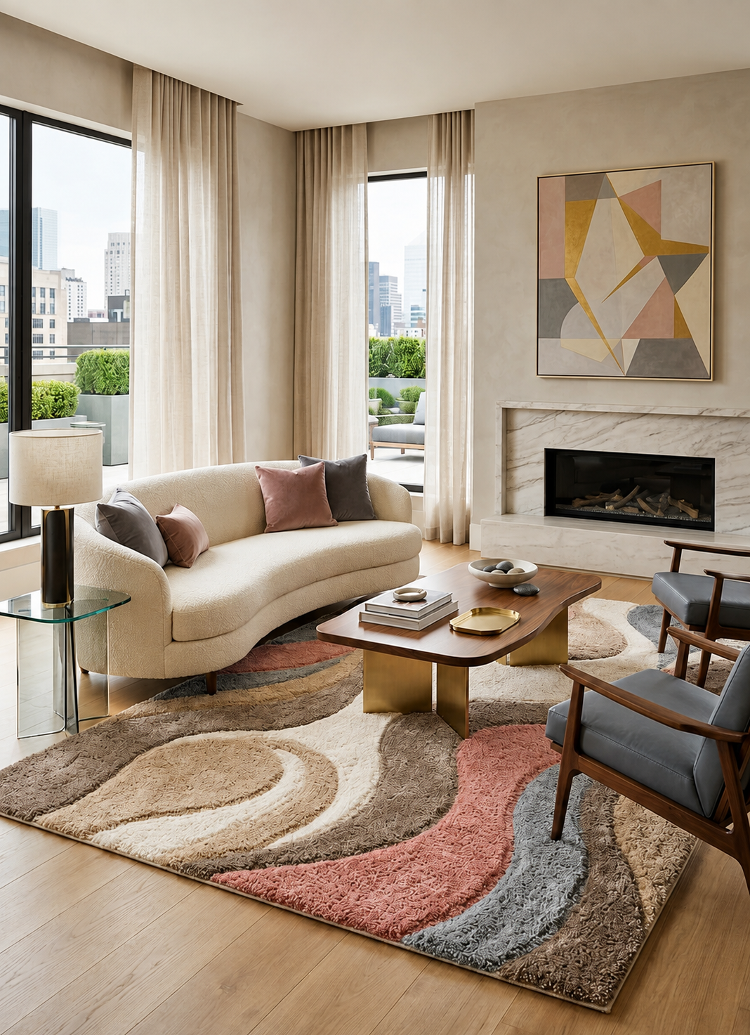 A modern living room featuring a curved cream sofa, a large abstract wavy-pattern area rug in beige, terracotta, and gray, a wooden coffee table, and a fireplace with a geometric painting on the wall.