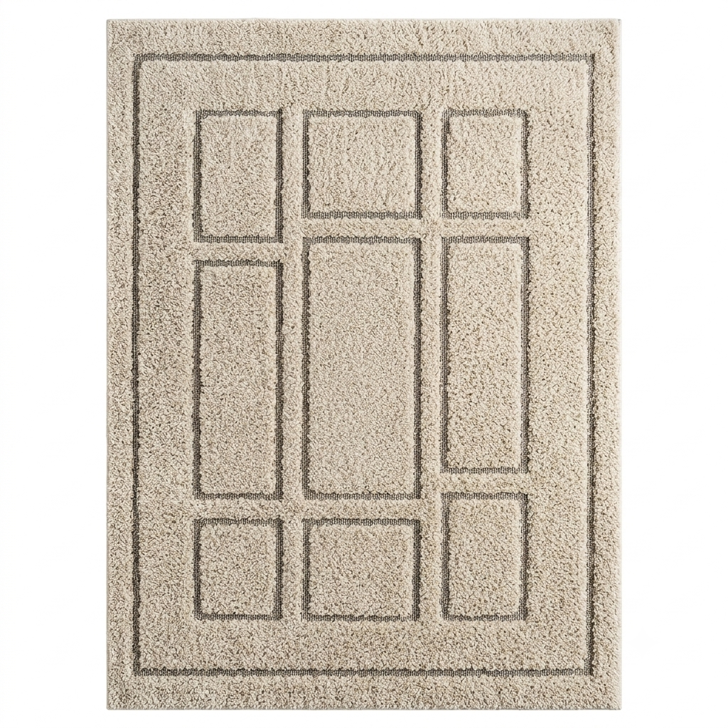 A rectangular area rug with a textured shag pile and a raised geometric paneled pattern in a warm beige tone, shown flat against a white background.