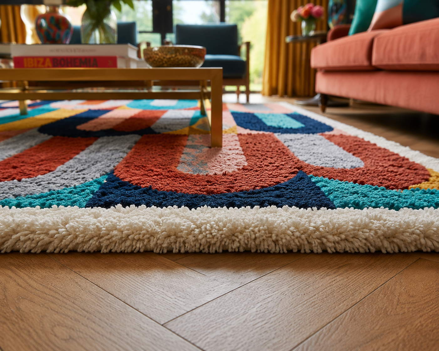 A colorful geometric shag area rug with a thick cream border, styled in a cozy living room on a light wood floor with a wooden coffee table and a coral sofa in the background.