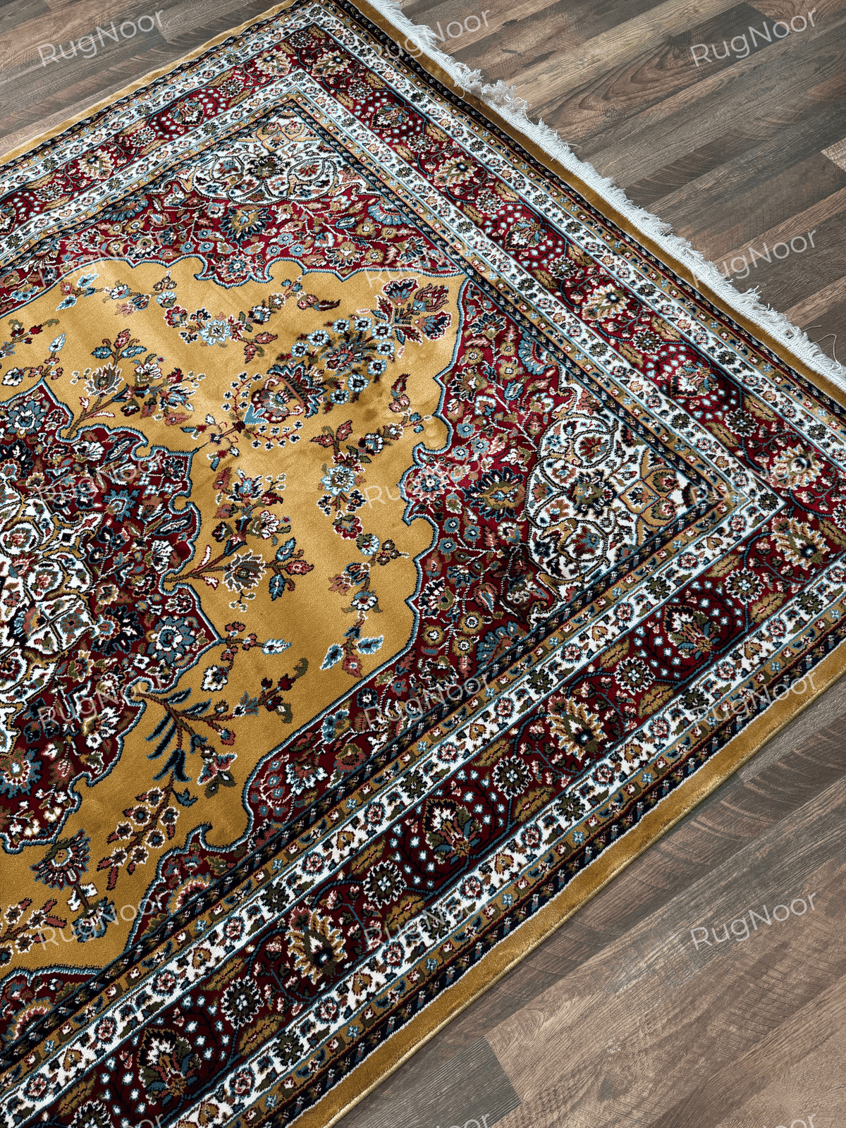 Mustard gold traditional rug with burgundy floral borders and ivory central medallion - Shams RugNoor