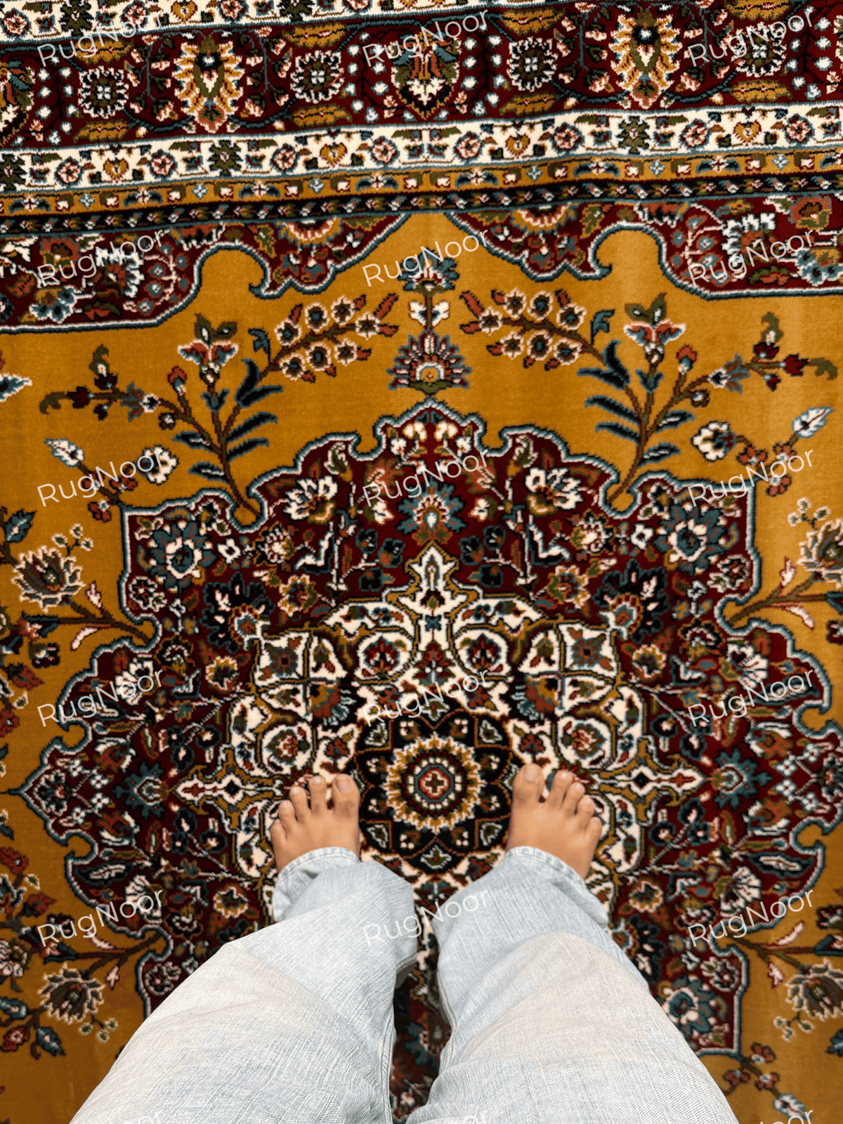 Ornate burgundy, ivory and gold floral medallion on the mustard gold rug - Shams RugNoor