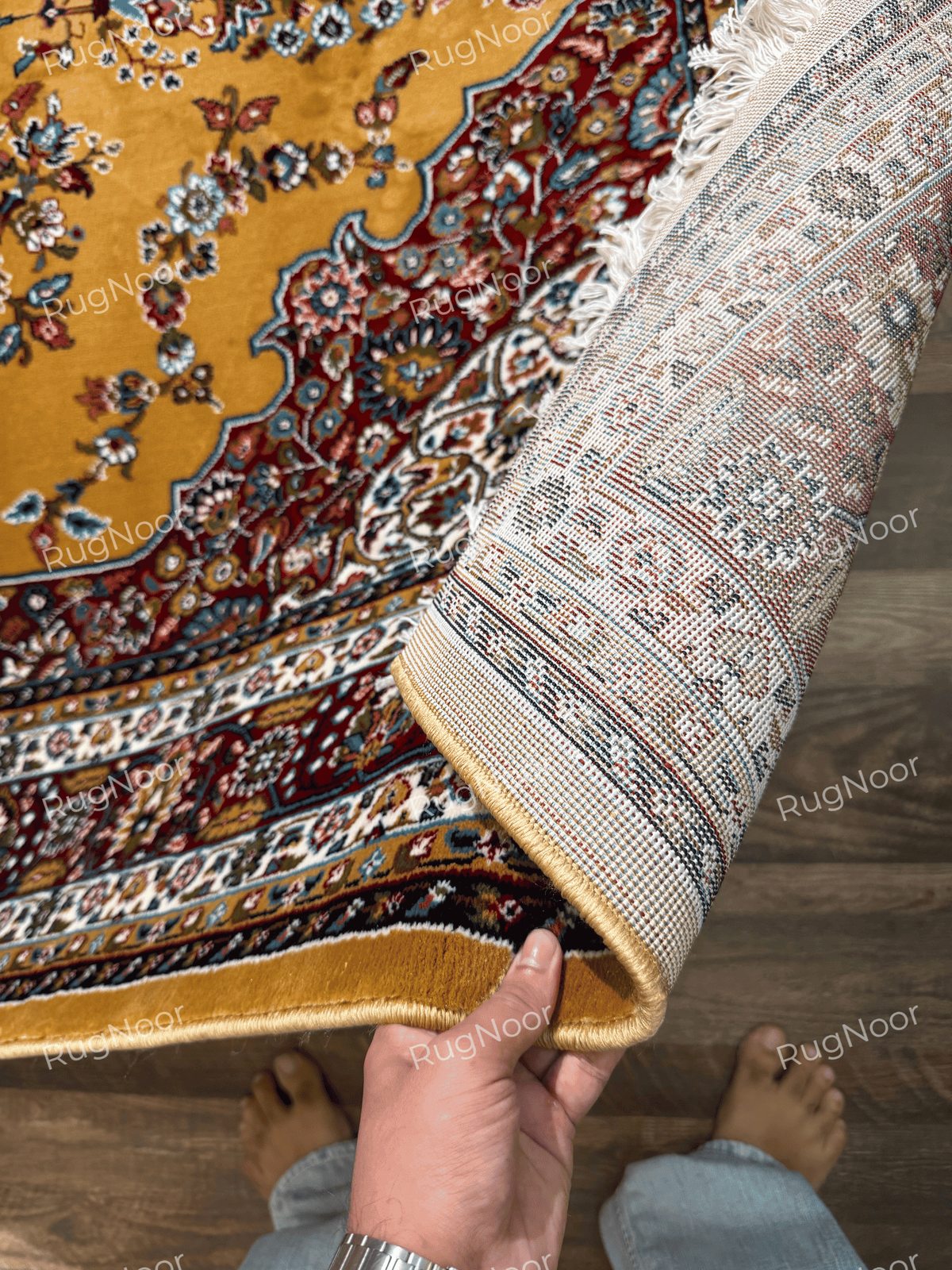 Mustard gold rug with folded corner showing patterned backing and finished edge - Shams RugNoor