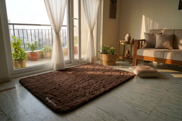 A coffee brown rabbit fur rug with a soft fluffy fur, displayed on a light marble floor in a bright, modern living room with large windows and white curtains.