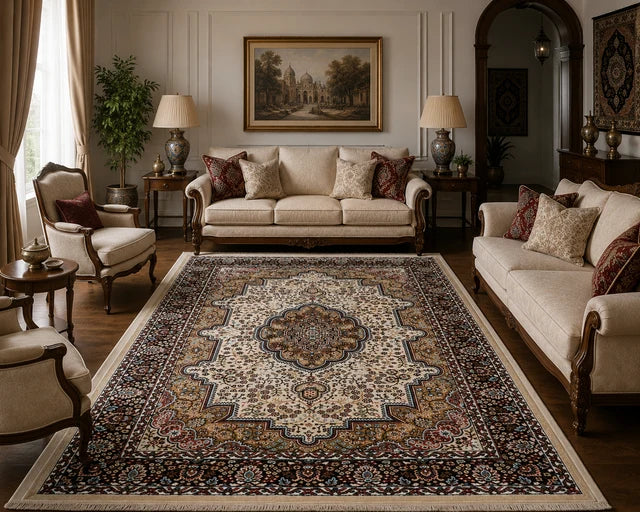 Soraya Royal Medallion Rug folded to show the patterned underside, finished edge and cream fringe