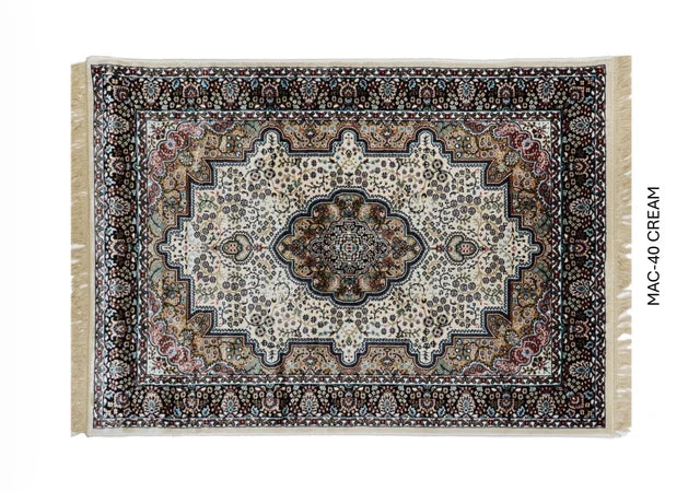 Soraya Royal Medallion Rug displayed in full with its cream field, central medallion, layered borders and fringe