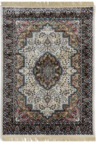 Soraya Royal Medallion Rug with cream field, ornate central medallion, dark floral border and cream fringe