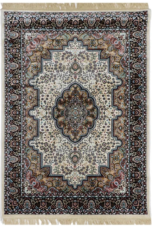 Soraya Royal Medallion Rug with cream field, ornate central medallion, dark floral border and cream fringe